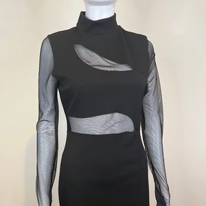 NWT!!! Women's MIDI Black Mesh Long Sleeved High Neck LBD Dress Size Large